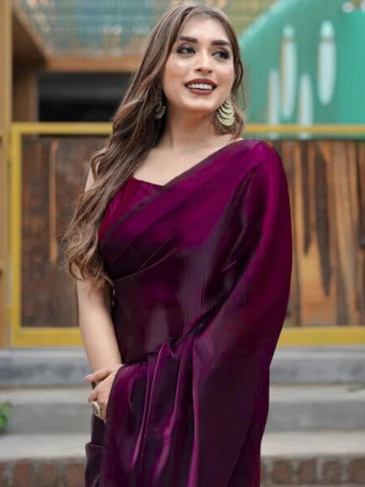 Bollywood Inspired Wine Plain Linen Saree-70318441463889