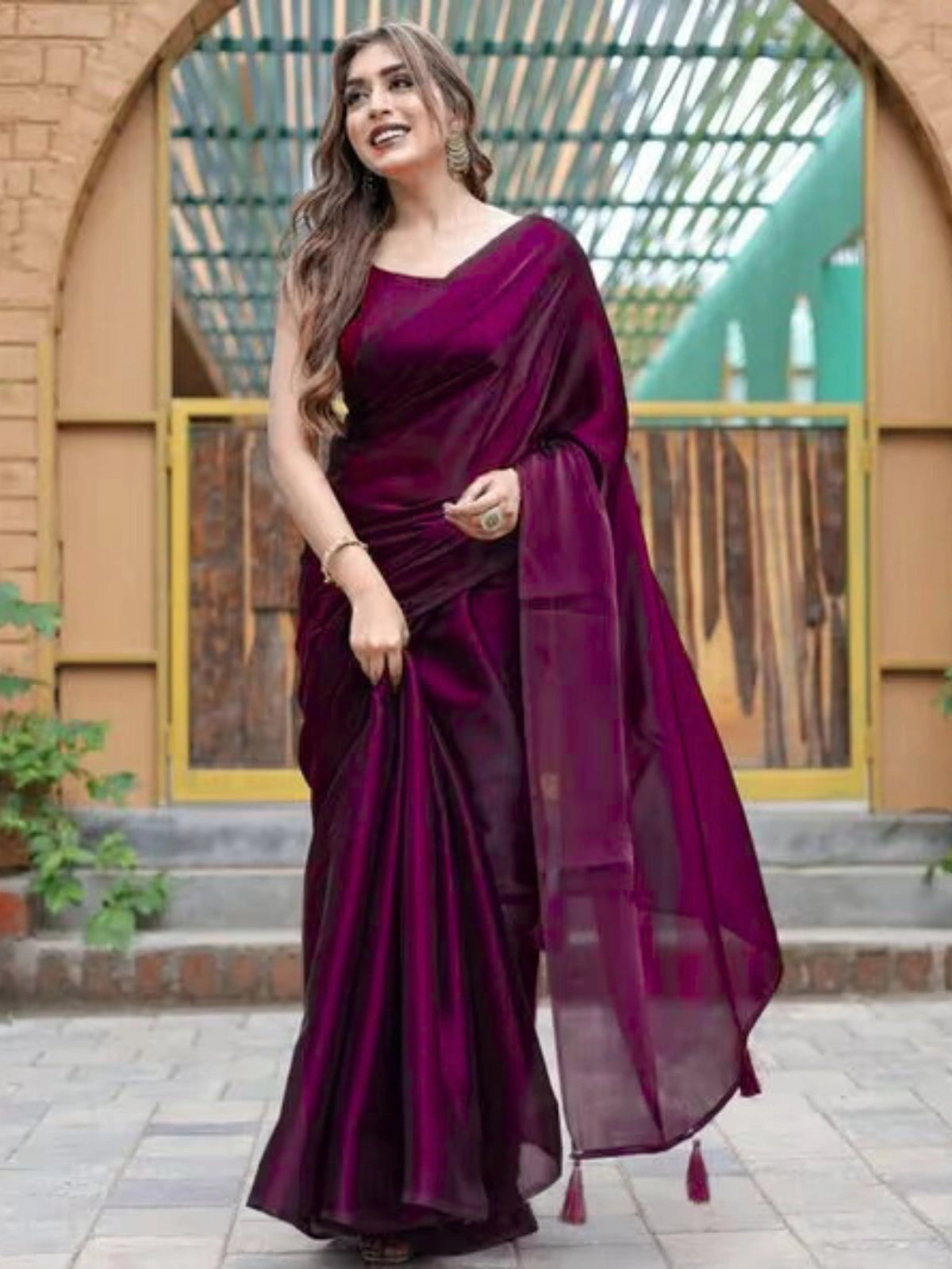Bollywood Inspired Wine Plain Linen Saree-70318441496657