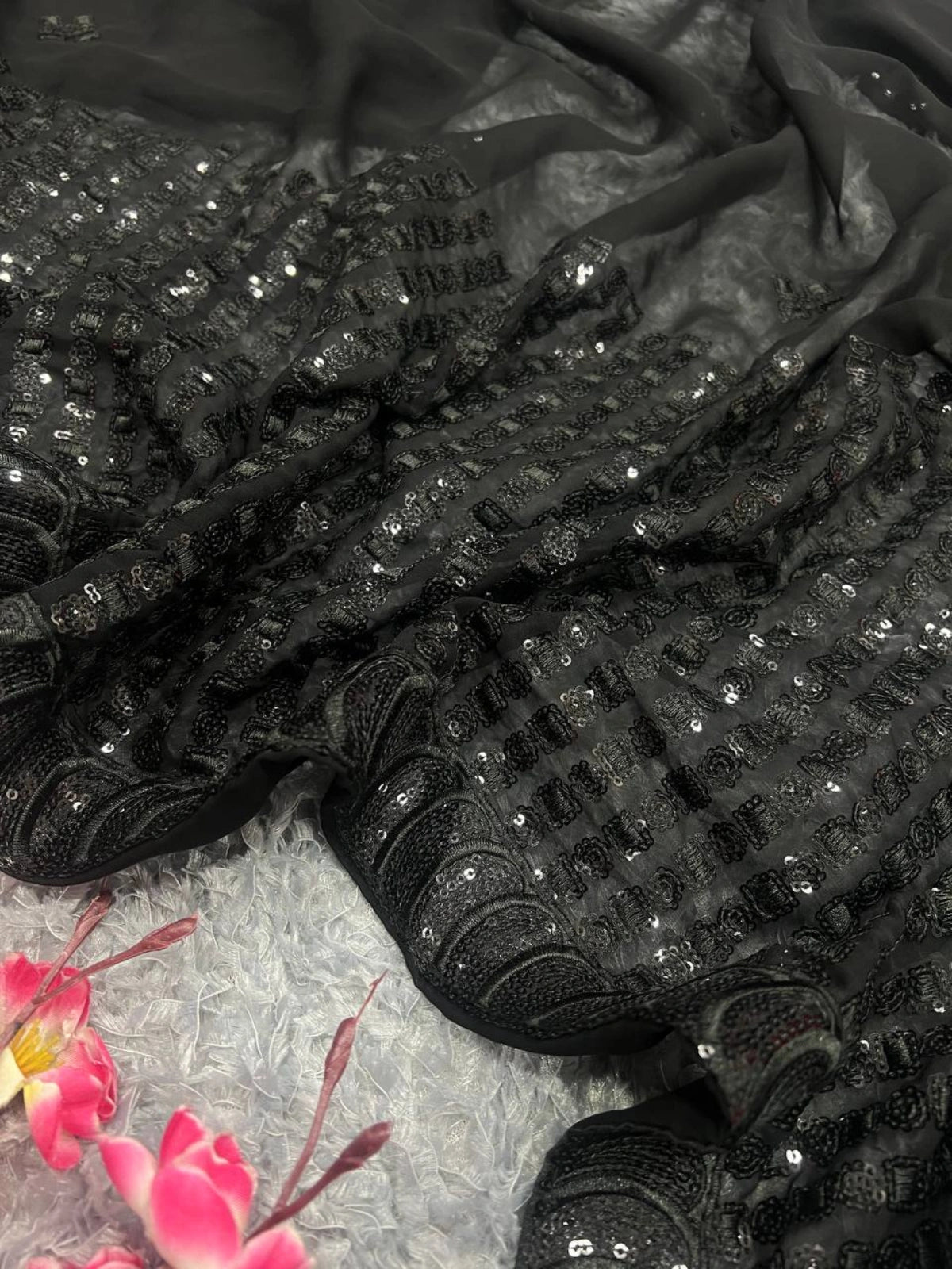Designer Black Georgette Party Wear Saree with Sequins Embroidery-67522294251601