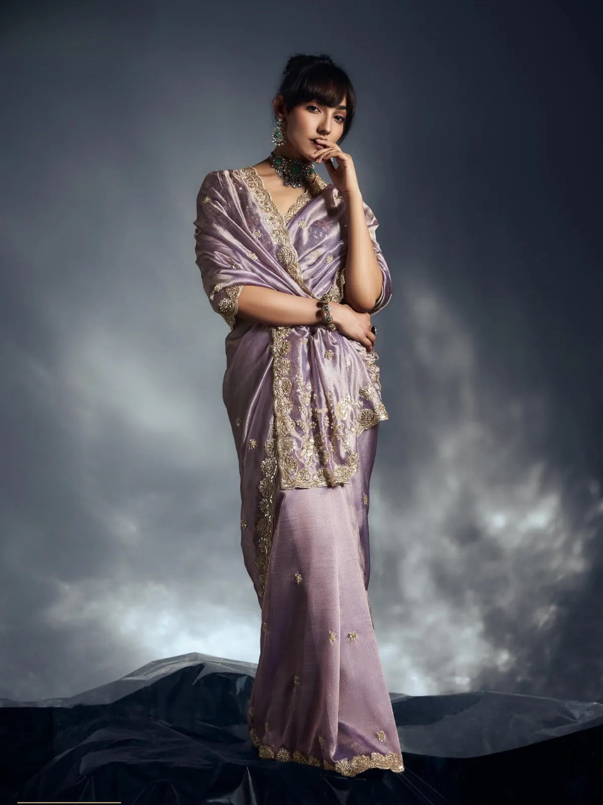 Designer Organza Saree with Heavy Embroidered Border & Blouse - Lavender