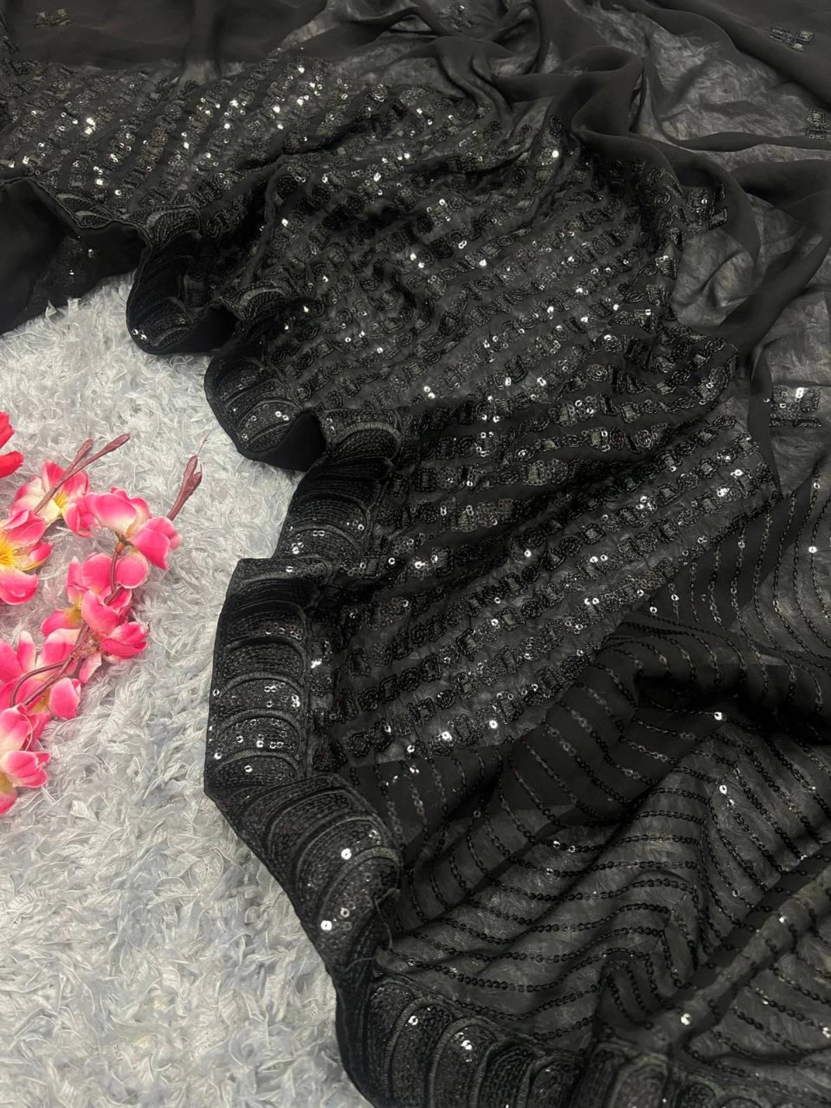 Designer Black Georgette Party Wear Saree with Sequins Embroidery