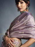 Designer Organza Saree with Heavy Embroidered Border & Blouse - Lavender