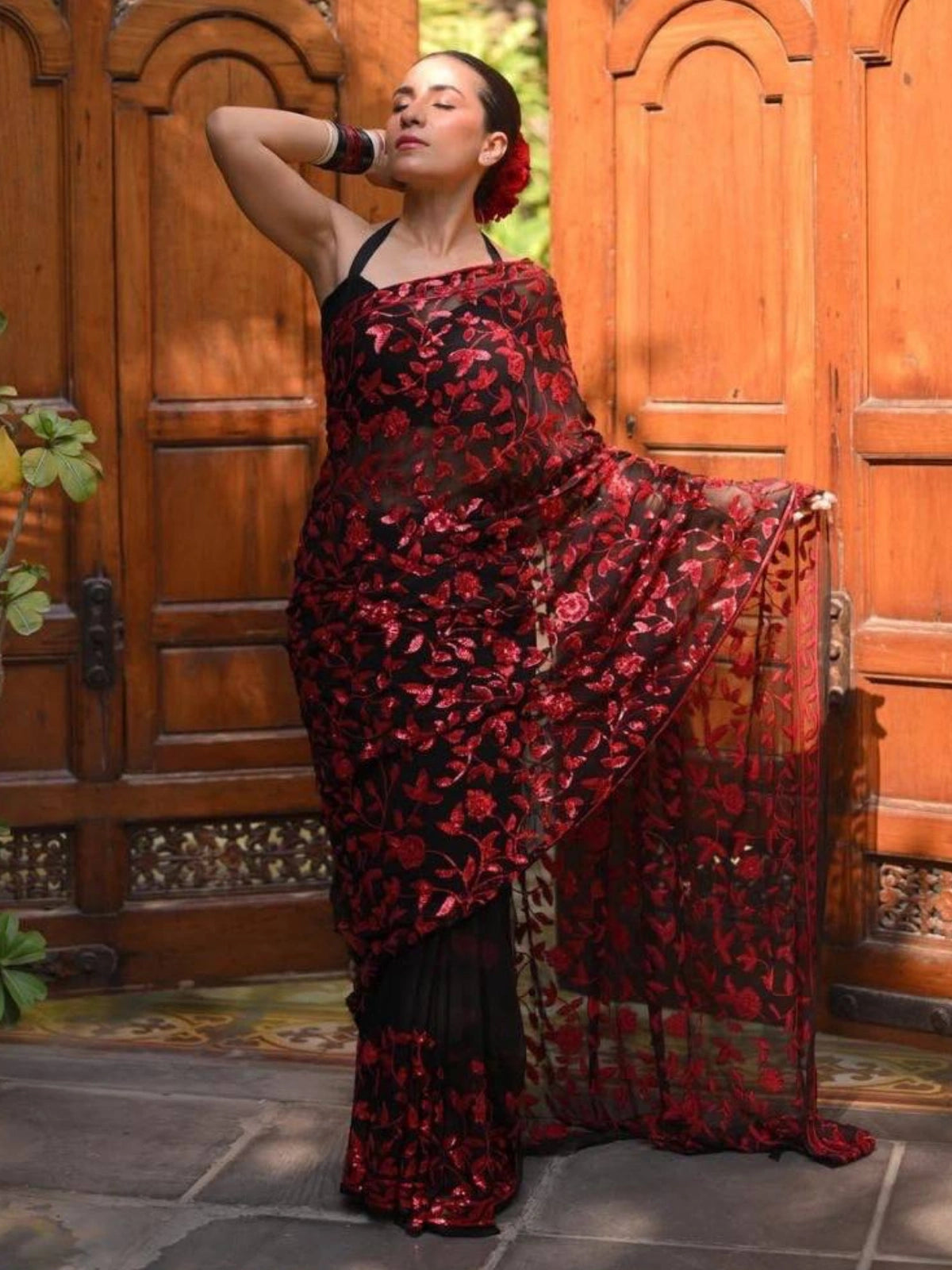Bollywood-Inspired Red Faux Georgette Saree with Zaal Flower Sequins-71825755471953