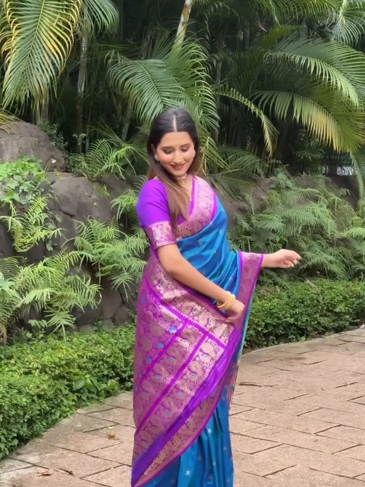 Peshwai Paithani Saree with Peacock and Floral Zari Border - Deep Cyan