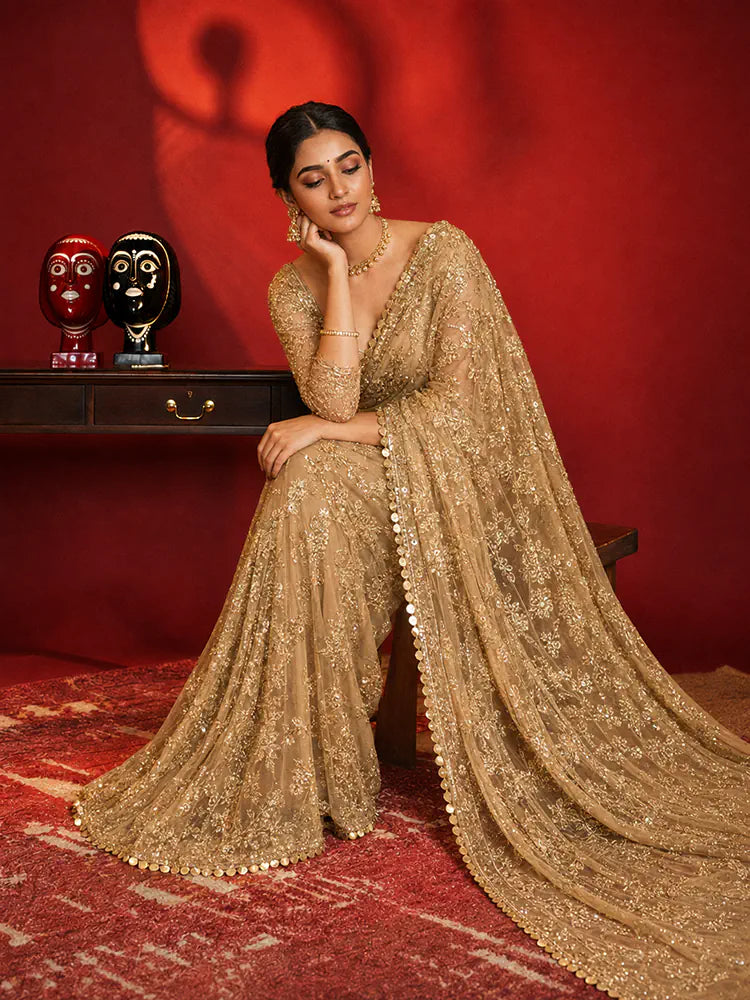 Bollywood Inspired Embroidered Golden Net Saree With Coin Lace-71952537419857