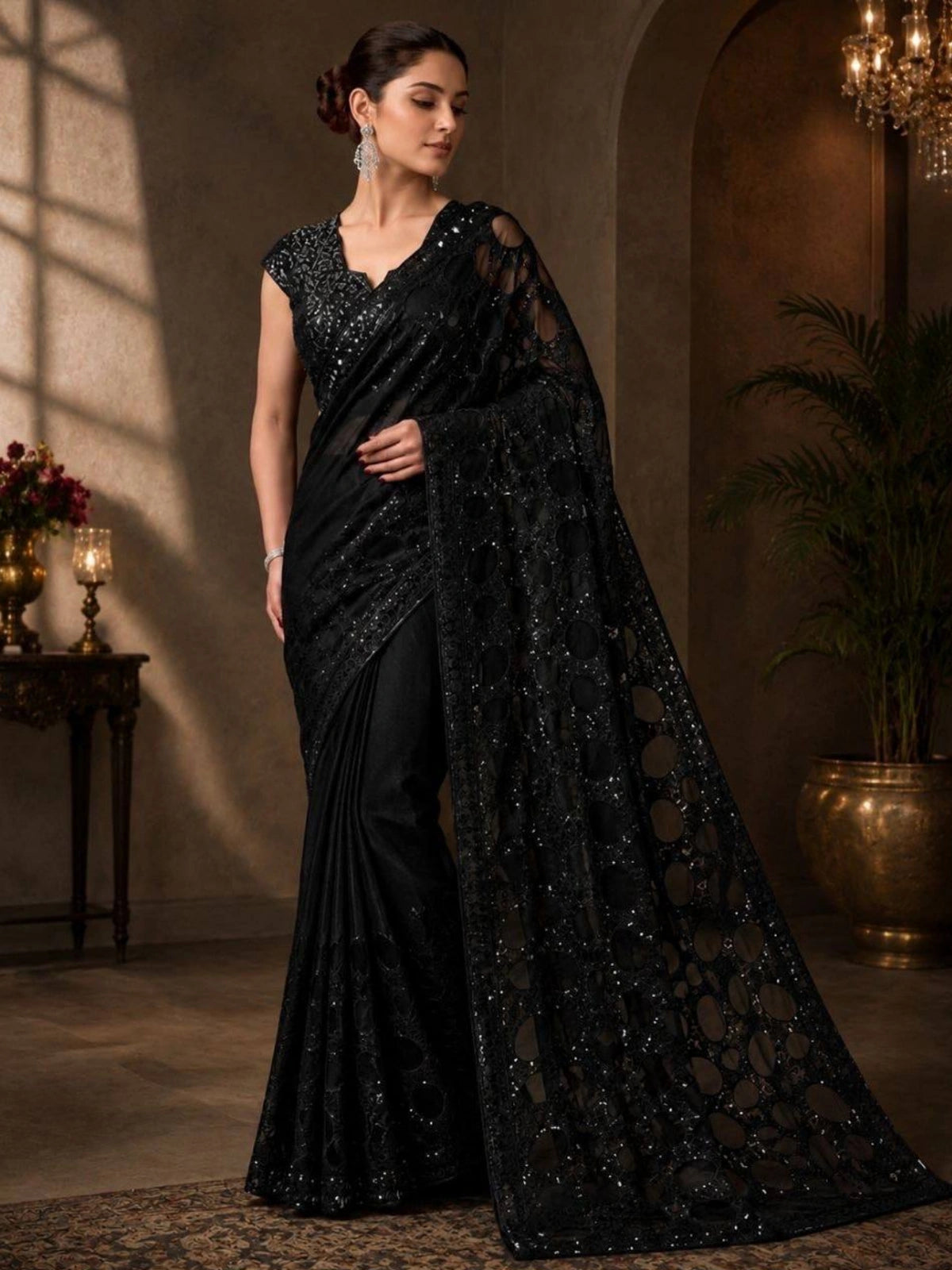 Bollywood Inspired Black Butterfly Net Sequins Saree