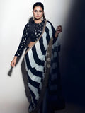 Parineeti Inspired Black & White Striped Printed Georgette Saree