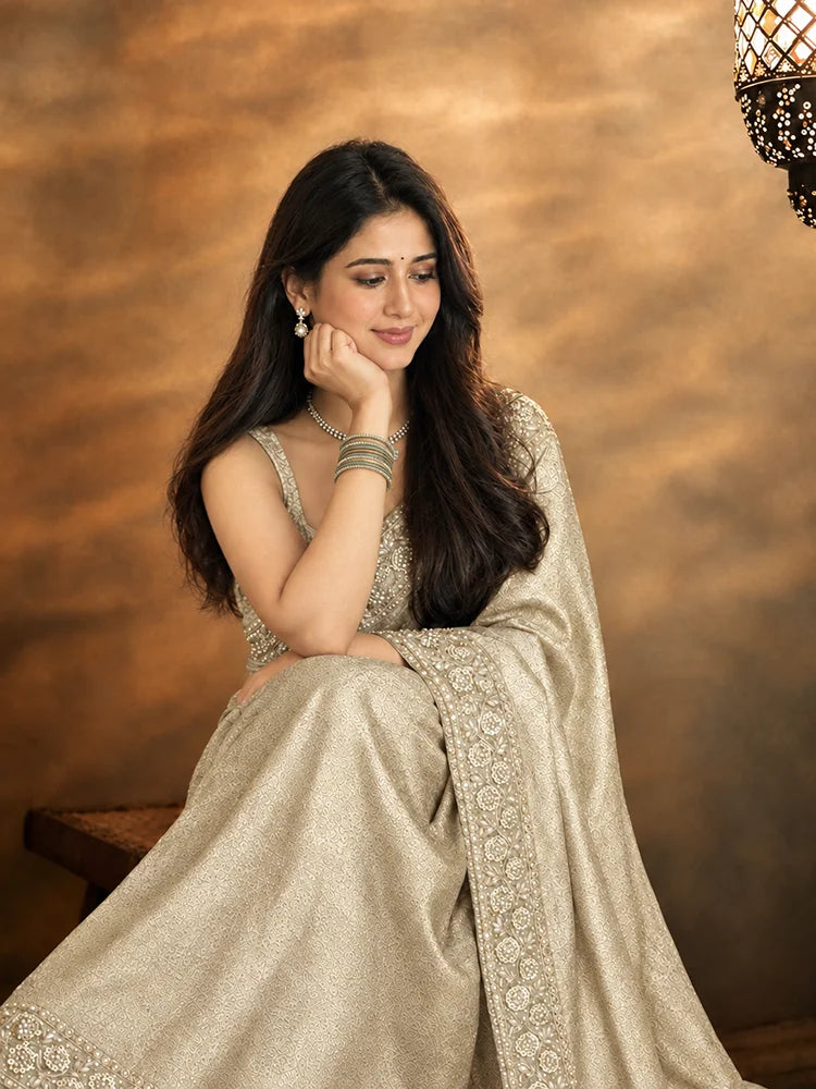 Bollywood Inspired Premium Kanjivaram Beige Silk Saree