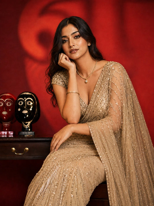 Suhana Inspired Sequins Designer Full Net Gold Saree-71945731997777