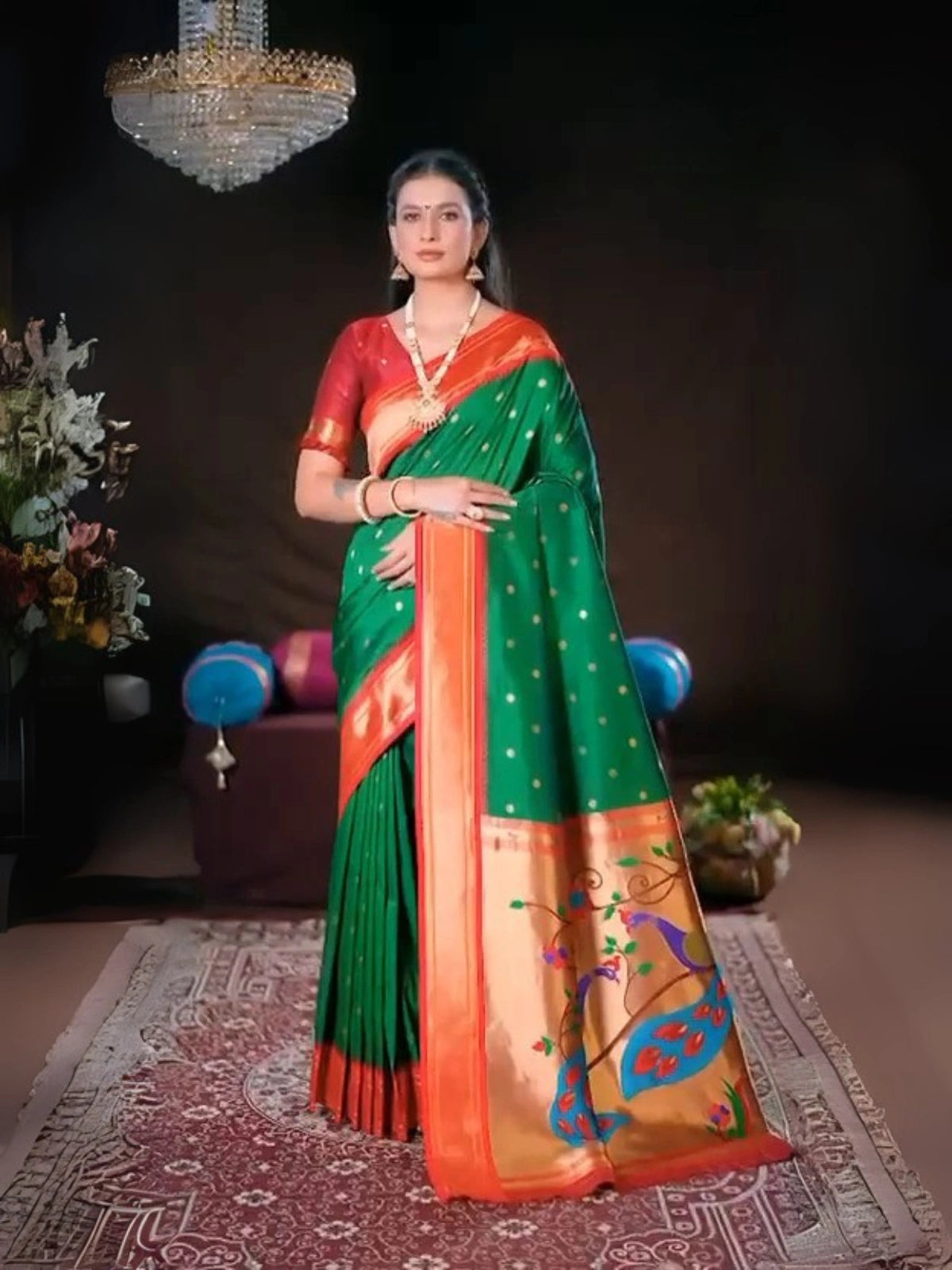 Maharani Paithani Silk Saree with Rich Zari Weaving and Contrast Border - Green