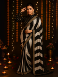 Parineeti Inspired Black & White Striped Printed Georgette Saree-2  Celebrity Drapes