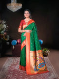 Maharani Paithani Silk Saree with Rich Zari Weaving and Contrast Border - Green