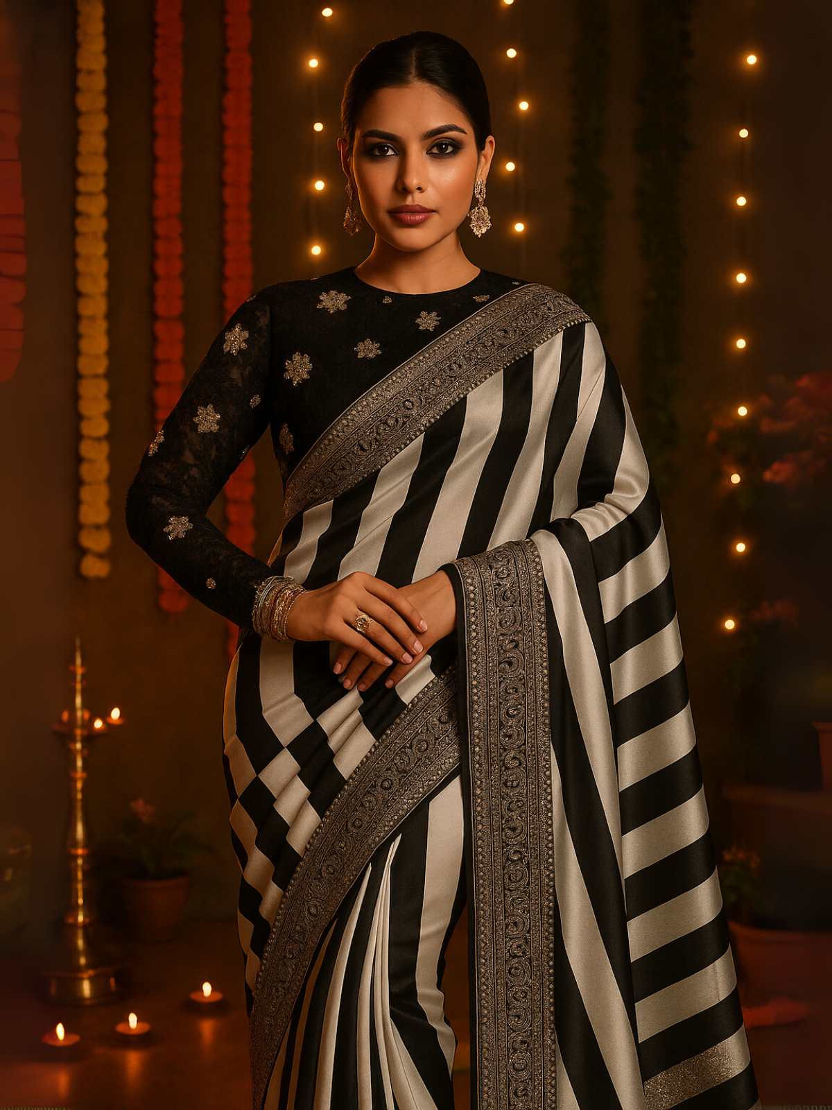 Parineeti Inspired Black & White Striped Printed Georgette Saree-3  Celebrity Drapes