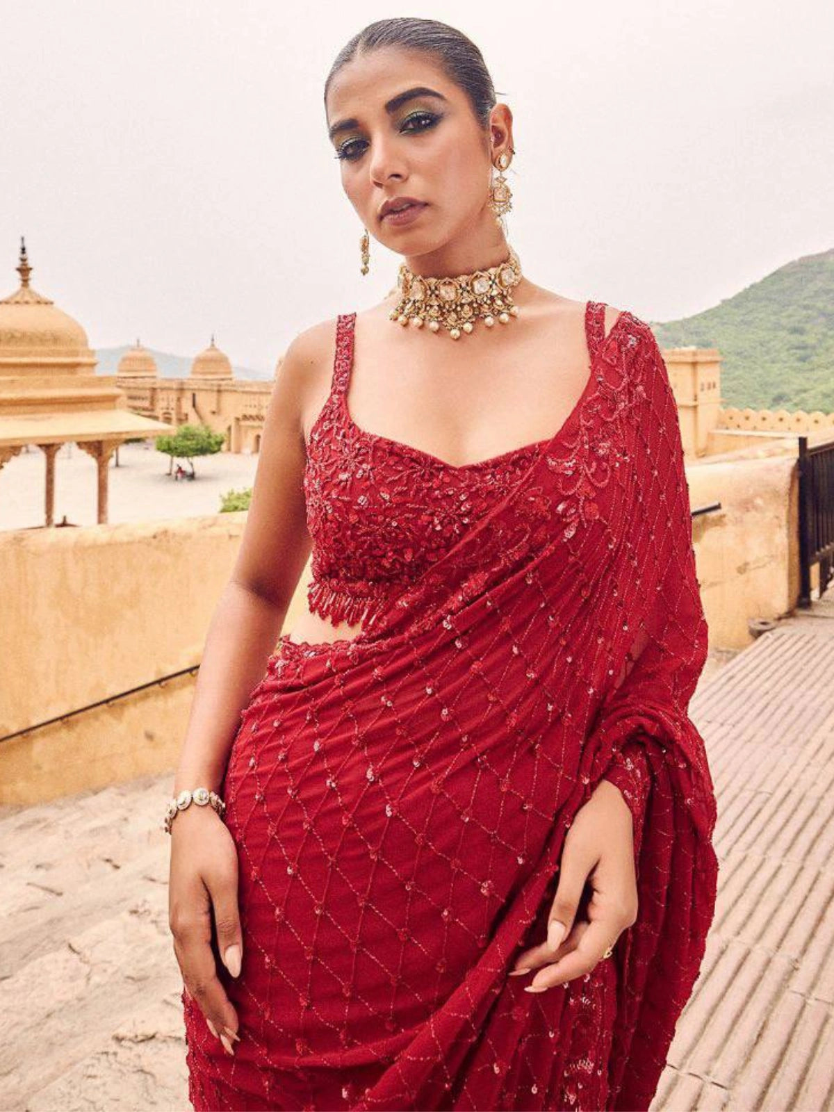 Bollywood Inspired Faux Georgette Embroidery Red Saree with Sequins Work
