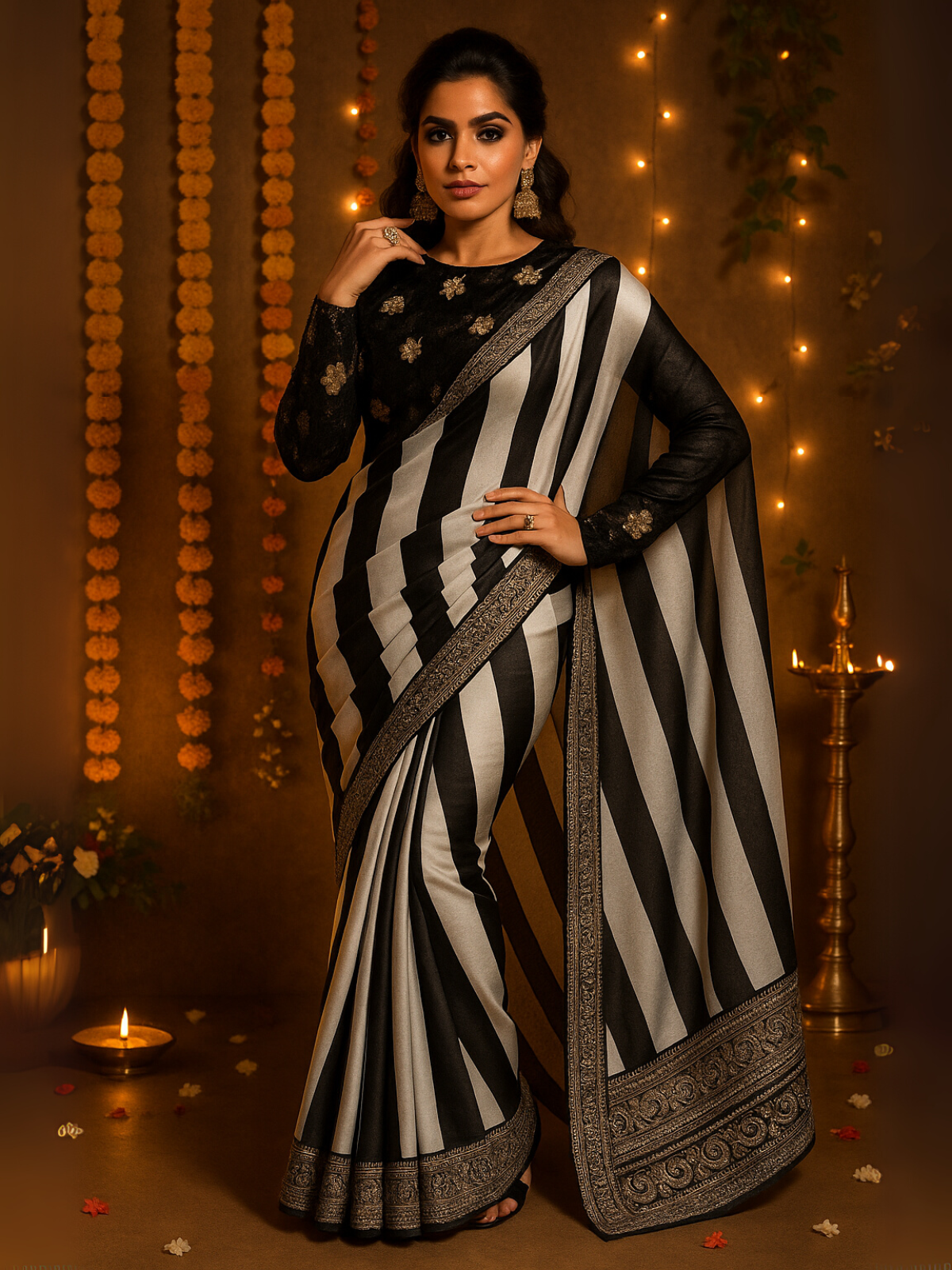 Parineeti Inspired Black & White Striped Printed Georgette Saree-4  Celebrity Drapes