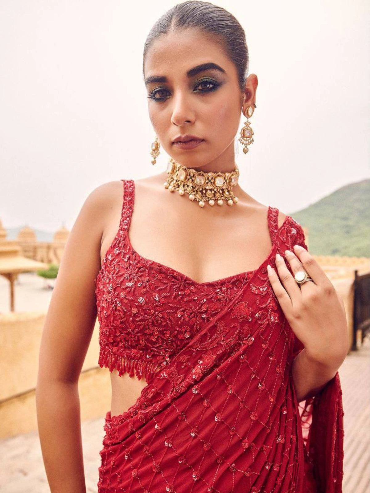 Bollywood Inspired Faux Georgette Embroidery Red Saree with Sequins Work-70684024832081