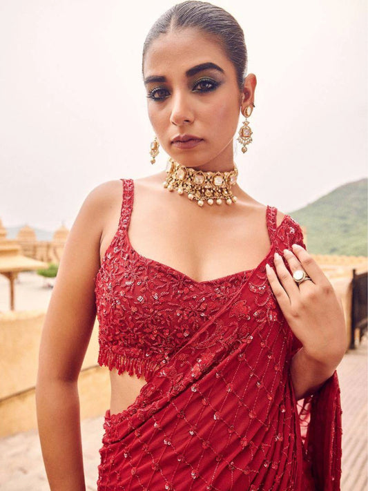 Bollywood Inspired Faux Georgette Embroidery Red Saree with Sequins Work-70684024832081