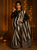 Parineeti Inspired Black & White Striped Printed Georgette Saree-4  Celebrity Drapes