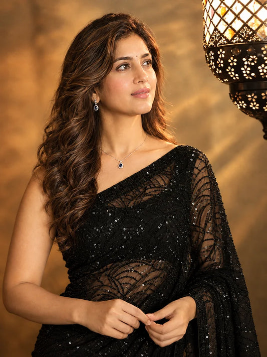 Celebrity Inspired Heavy Georgette Sequence Black Saree With Unstitched Blouse-73784596004945