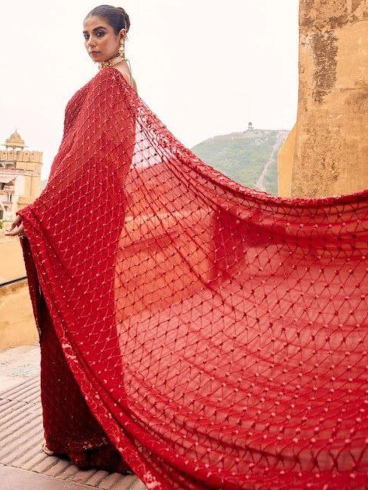 Bollywood Inspired Faux Georgette Embroidery Red Saree with Sequins Work-70684024864849