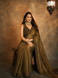 Bollywood Inspired Gold Saree with Black & Gold Embroidery and Unstitched Blouse