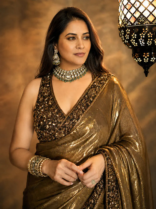 Bollywood Inspired Gold Saree with Black & Gold Embroidery and Unstitched Blouse-71939055255633