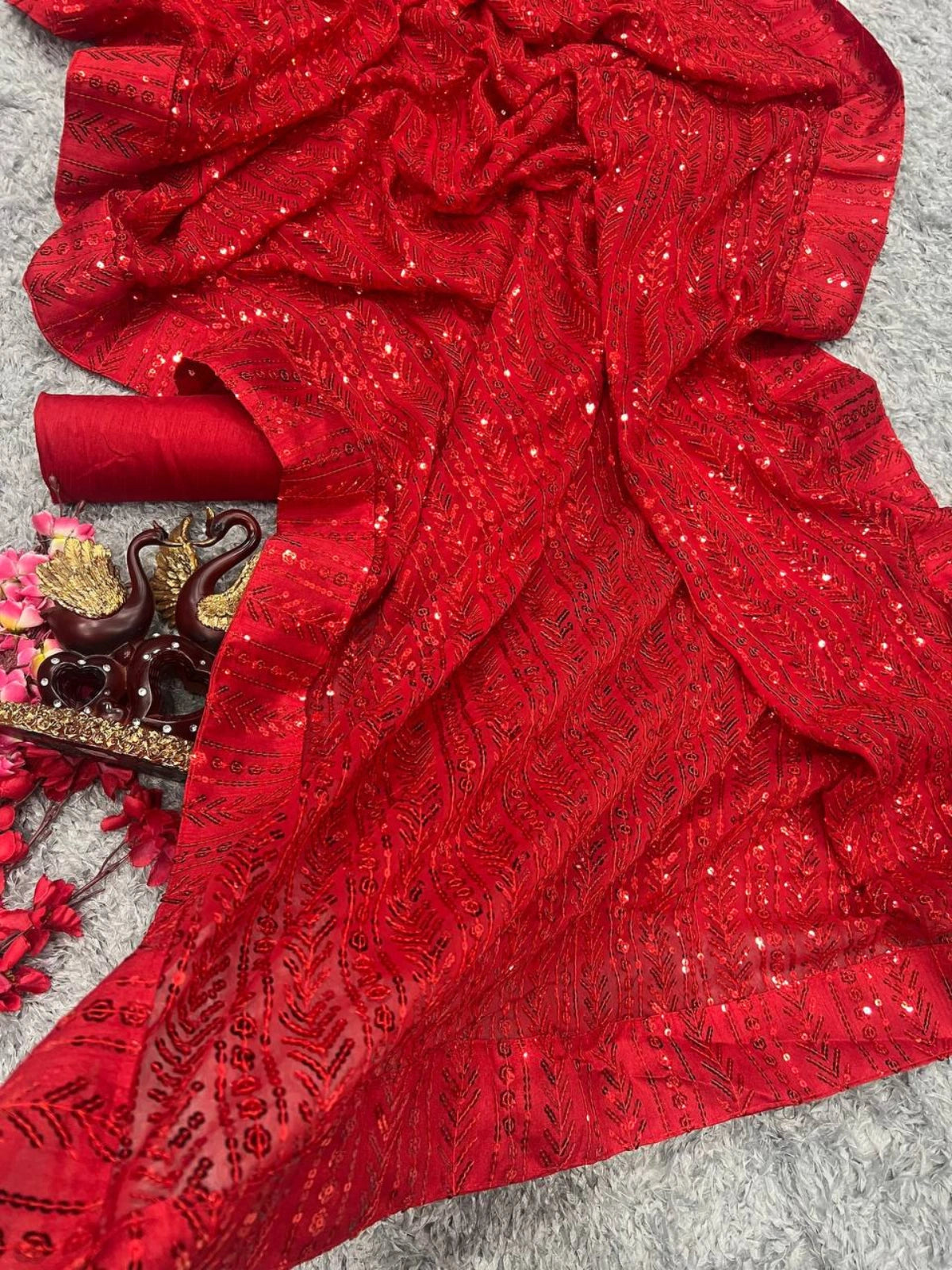Bollywood Inspired Red Georgette Saree with All Over Sequin Embroidery-67587313074257