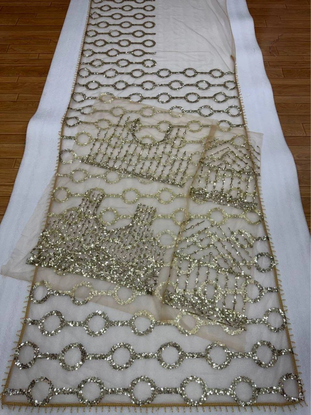 Bollywood-Inspired Designer Beige Soft Net Saree with Sequin & Bead Embroidery