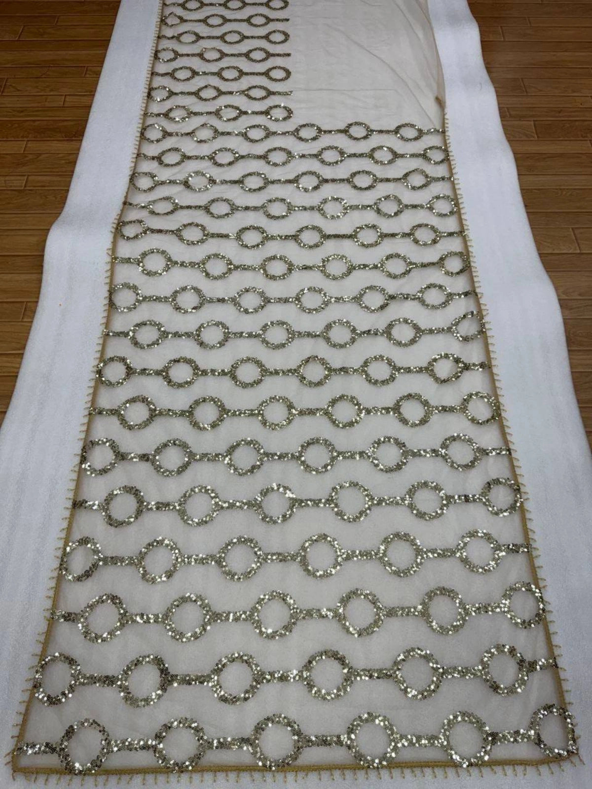 Bollywood-Inspired Designer Beige Soft Net Saree with Sequin & Bead Embroidery