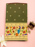 Premium Paithani Saree with Traditional Peacock and Floral Border - Olive