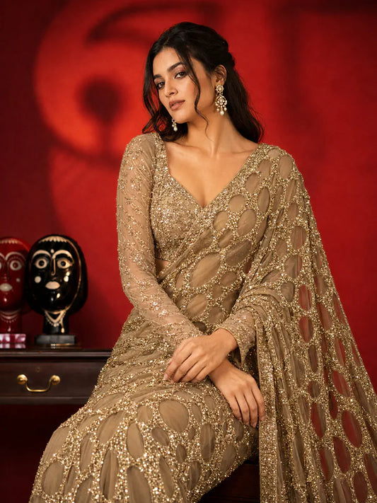Bollywood Inspired Gold Butterfly Net Sequins Saree with Unstiched Blouse-71929796821073