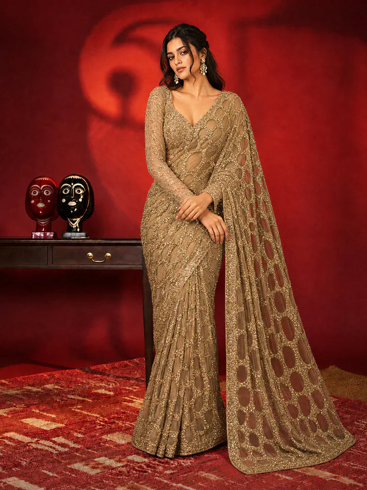 Bollywood Inspired Gold Butterfly Net Sequins Saree with Unstiched Blouse-71929797083217
