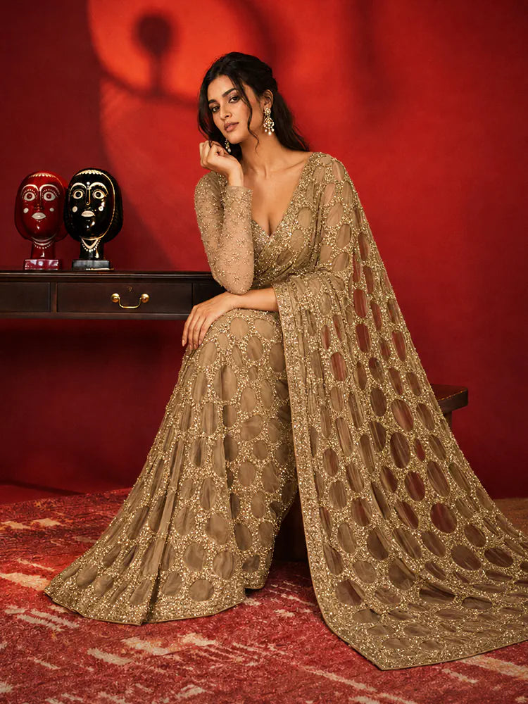 Bollywood Inspired Gold Butterfly Net Sequins Saree with Unstiched Blouse-71929796853841