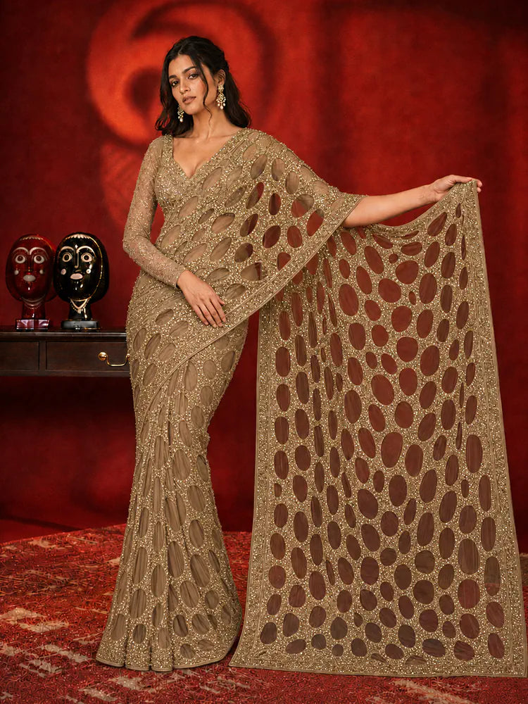 Bollywood Inspired Gold Butterfly Net Sequins Saree with Unstiched Blouse-71929796788305
