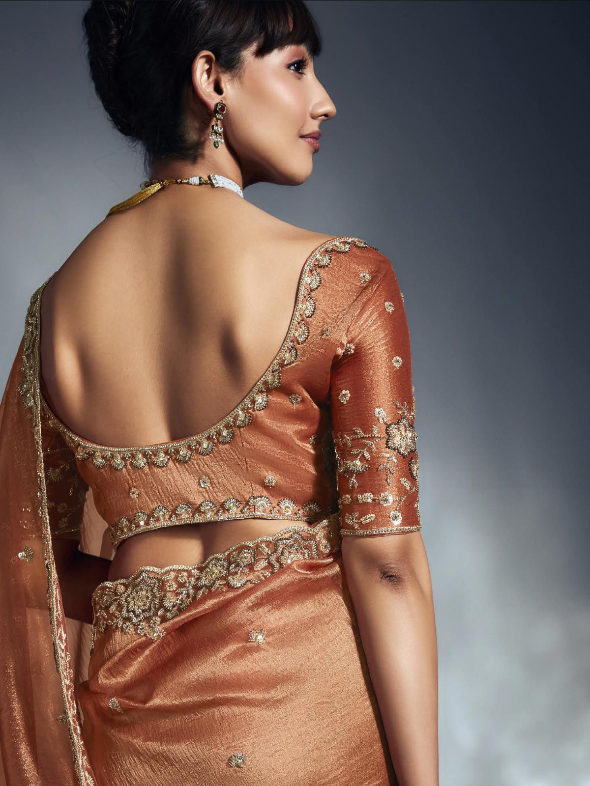 Designer Organza Saree with Heavy Embroidered Border & Blouse - Orange