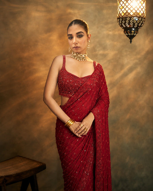 Bollywood Inspired Faux Georgette Embroidery Red Saree with Sequins Work-71814680412241