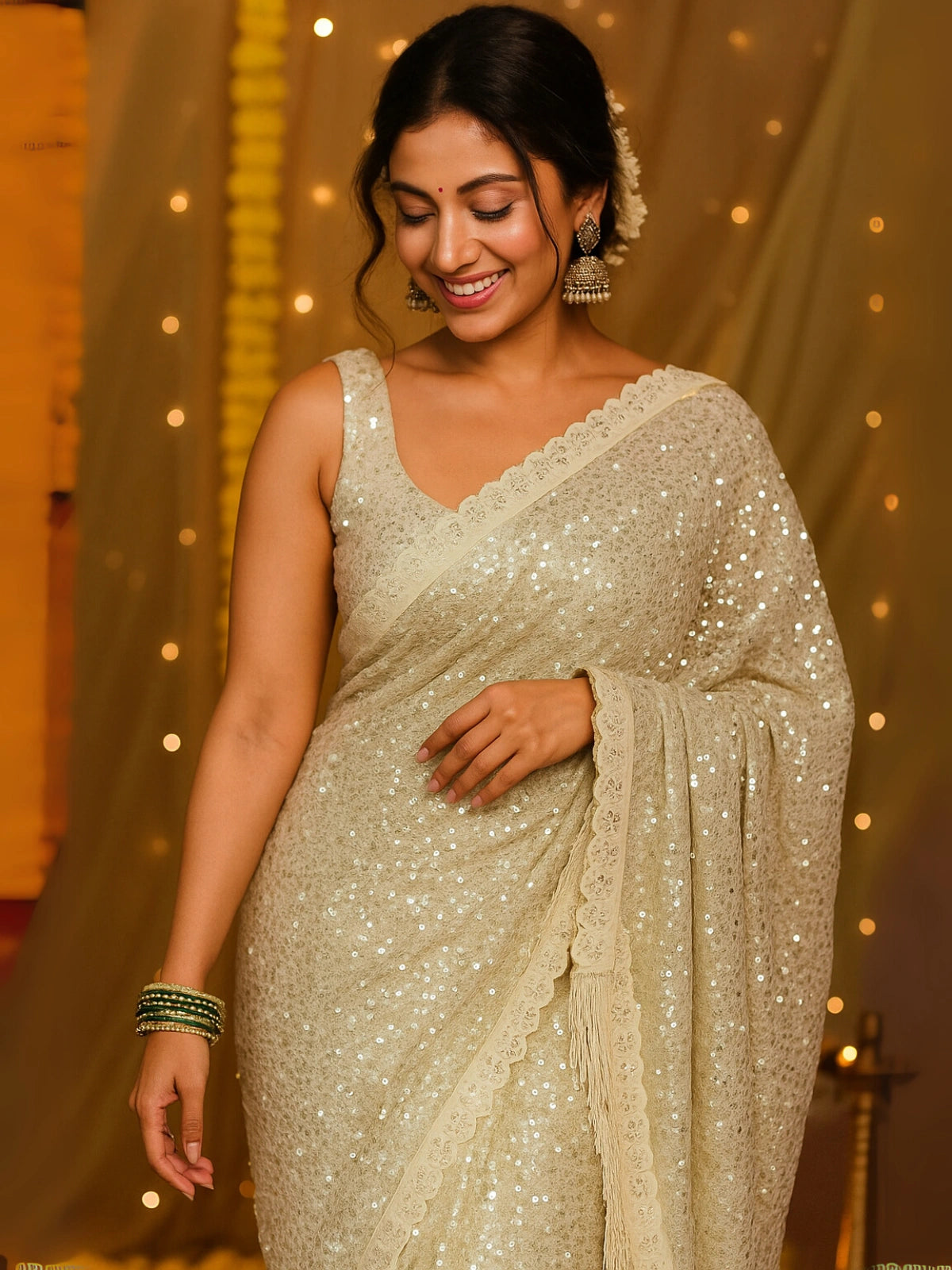 Deepika Inspired Georgette Saree Full Sequins Embroidery with Cutwork Lace & Jhalar Border | Available in 5 Colours-2  Celebrity Drapes
