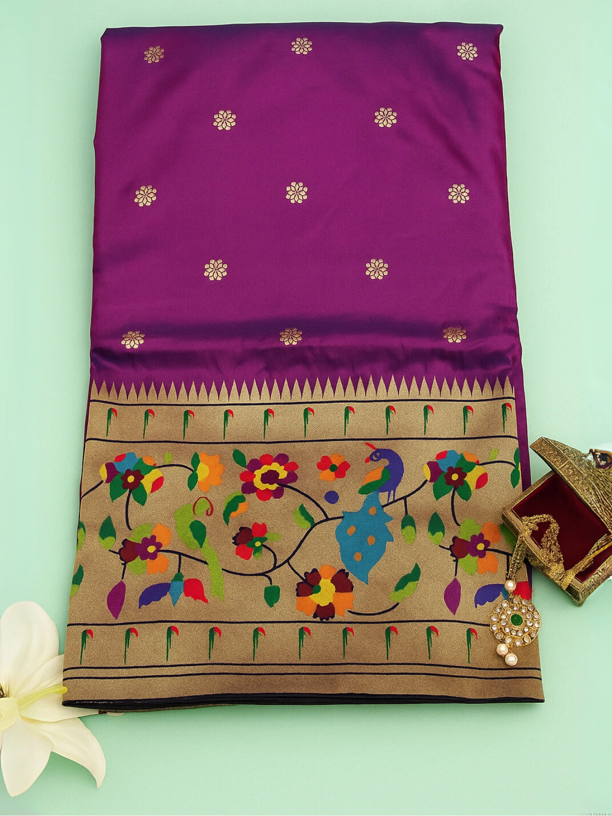 Premium Paithani Saree with Traditional Peacock and Floral Border - Purple