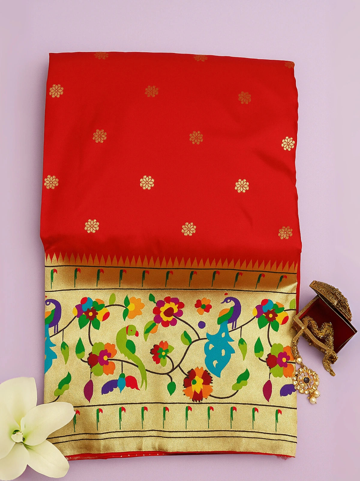 Premium Paithani Saree with Traditional Peacock and Floral Border - Red
