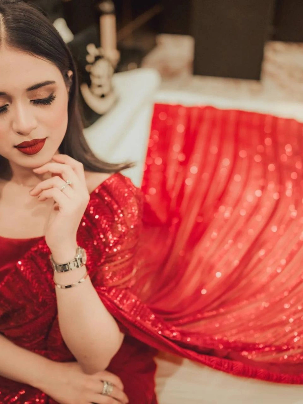 Bollywood Inspired Red Georgette Saree with All Over Sequin Embroidery-67587313205329
