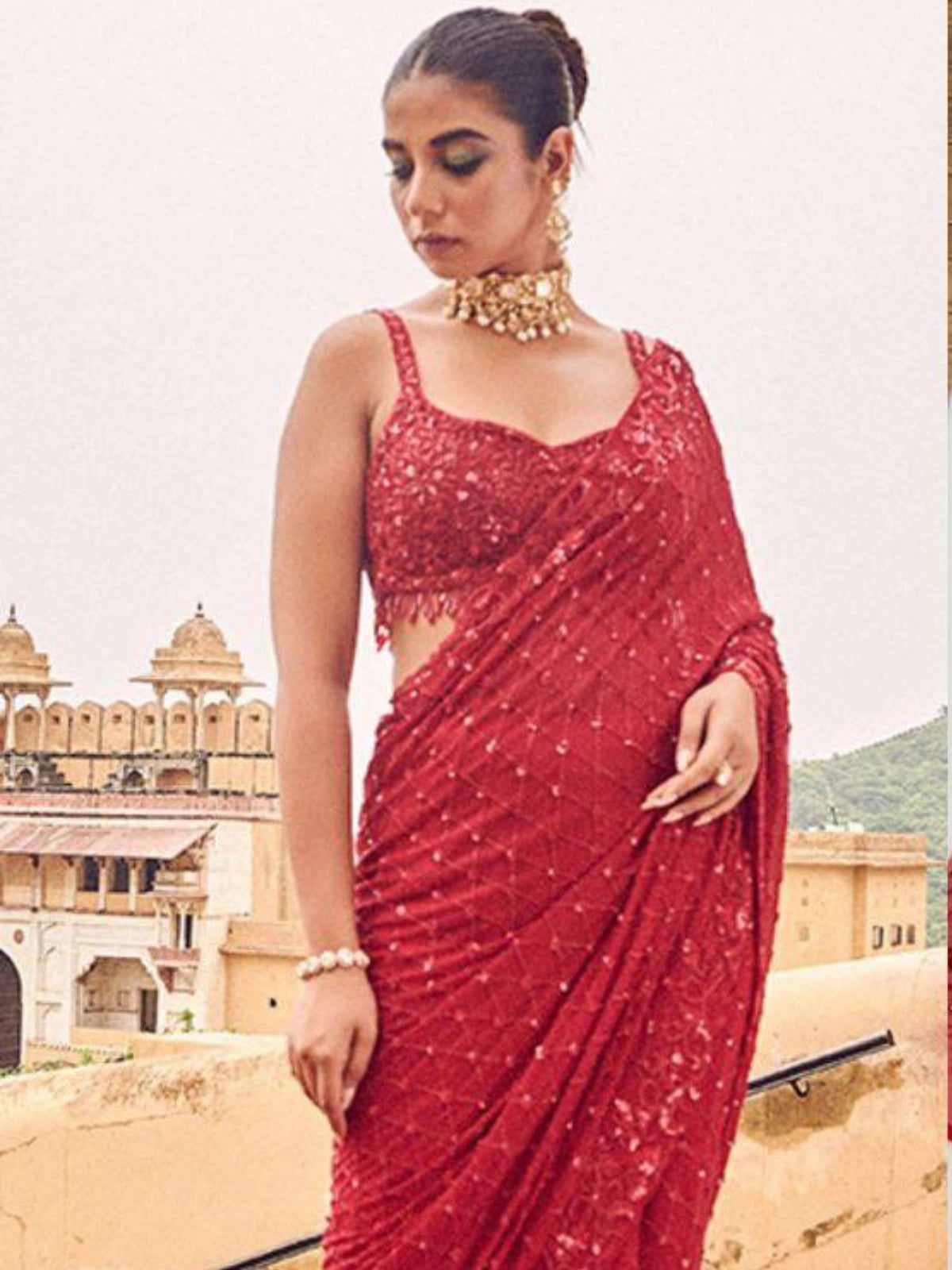Bollywood Inspired Faux Georgette Embroidery Red Saree with Sequins Work-70684025061457