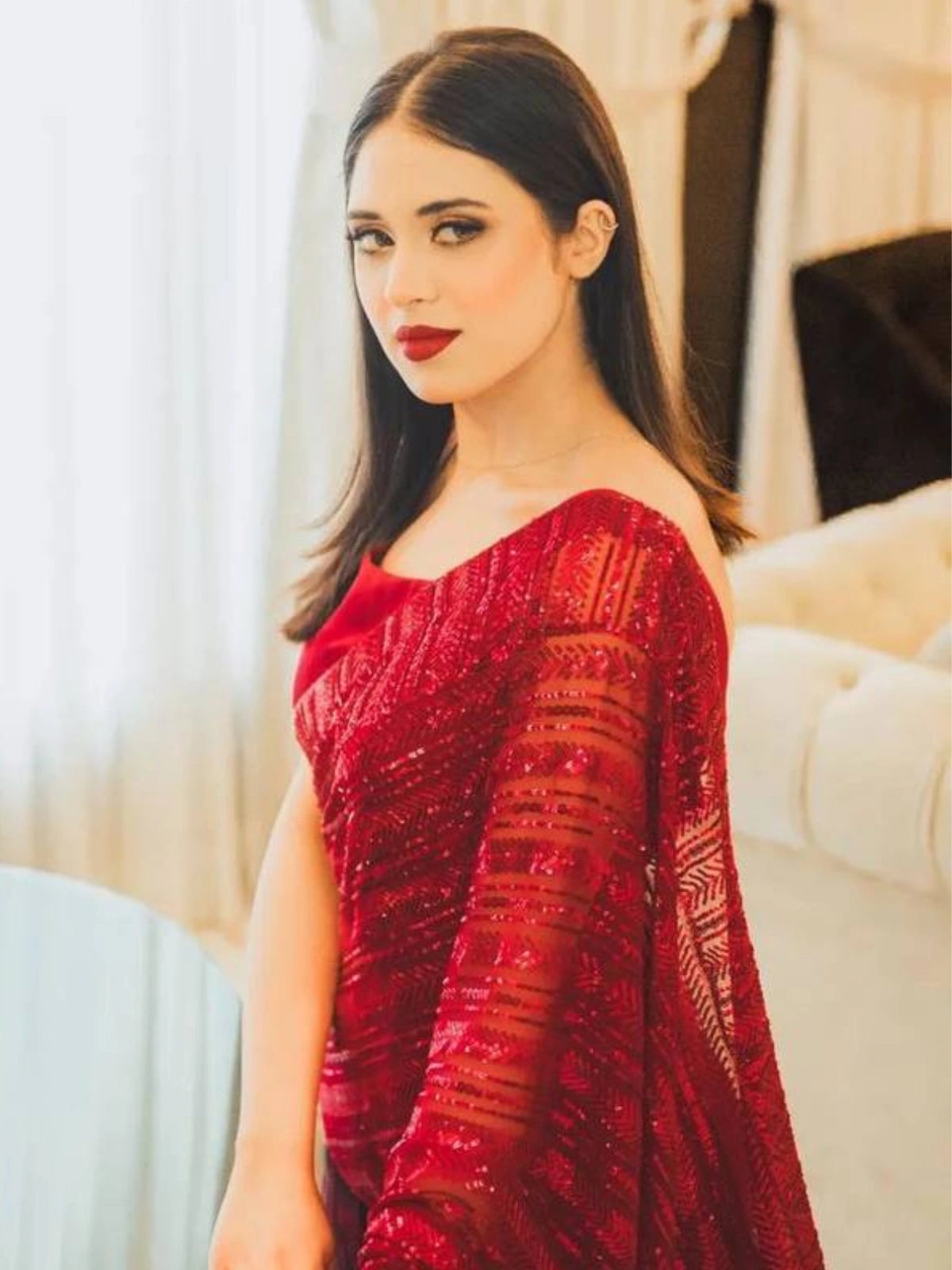 Bollywood Inspired Red Georgette Saree with All Over Sequin Embroidery-67587313238097