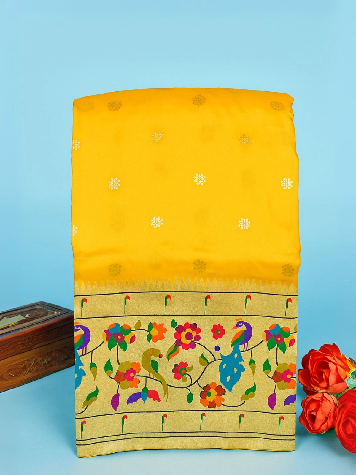 Premium Paithani Saree with Traditional Peacock and Floral Border - Yellow