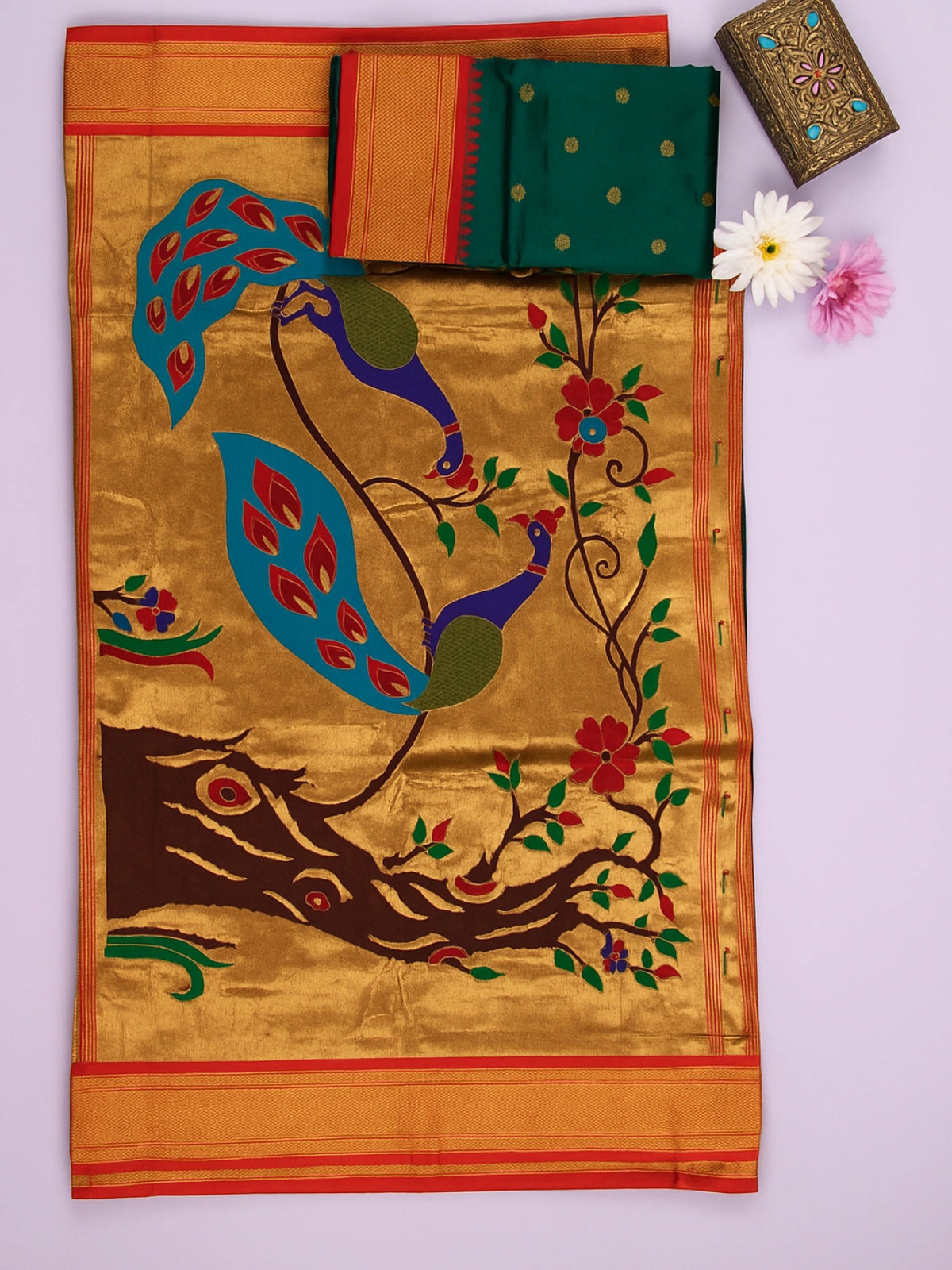 Maharani Paithani Silk Saree with Rich Zari Weaving and Contrast Border - Deep Cyan