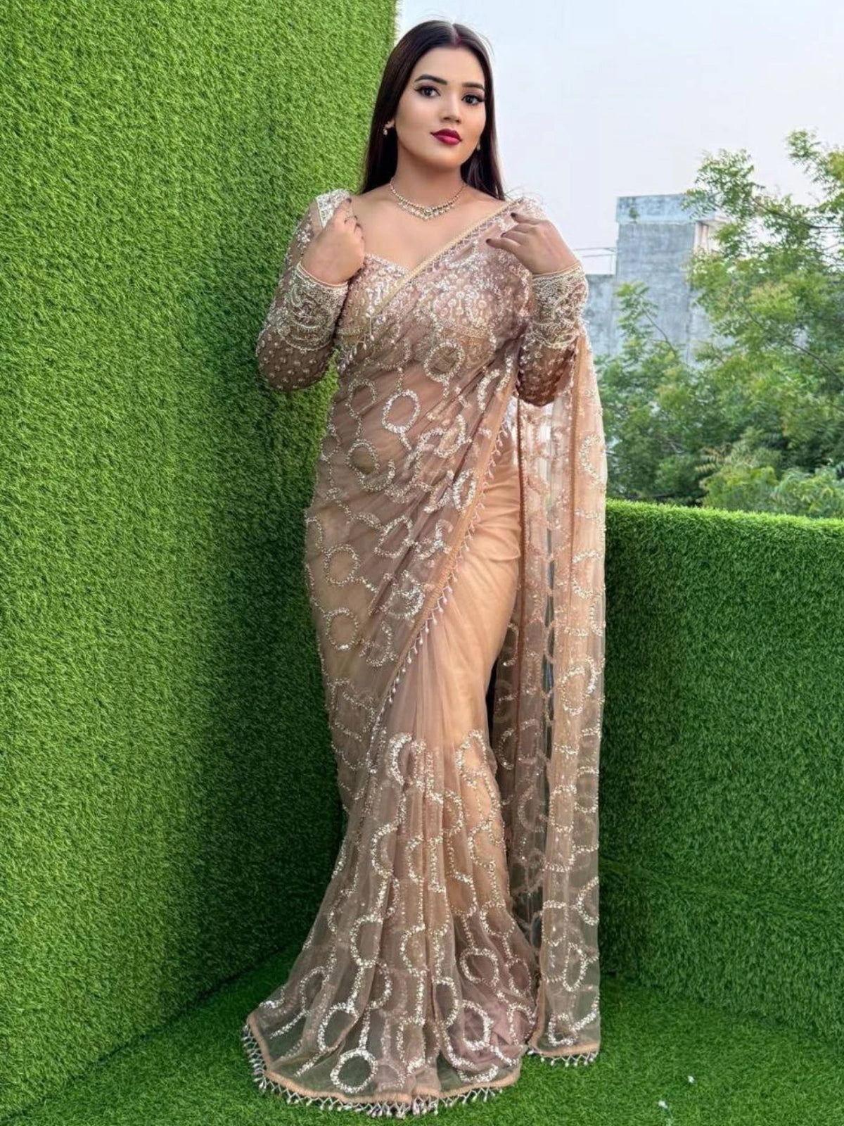 Bollywood-Inspired Designer Beige Soft Net Saree with Sequin & Bead Embroidery