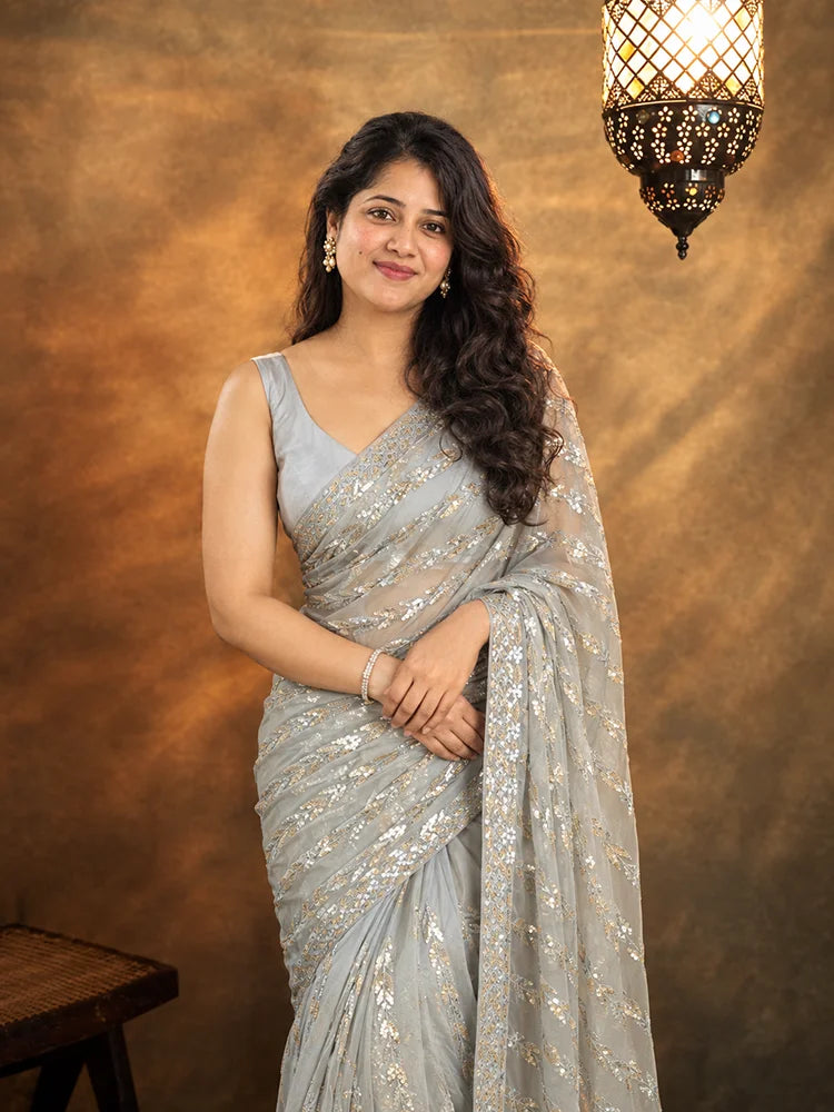 Metallic Grey Georgette Sequin Saree