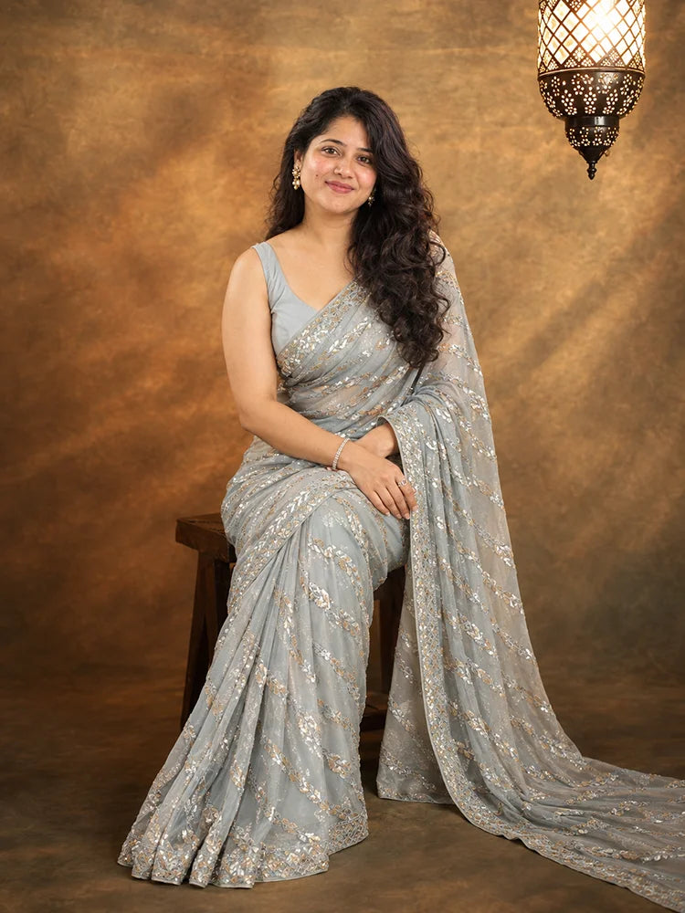 Metallic Grey Georgette Sequin Saree