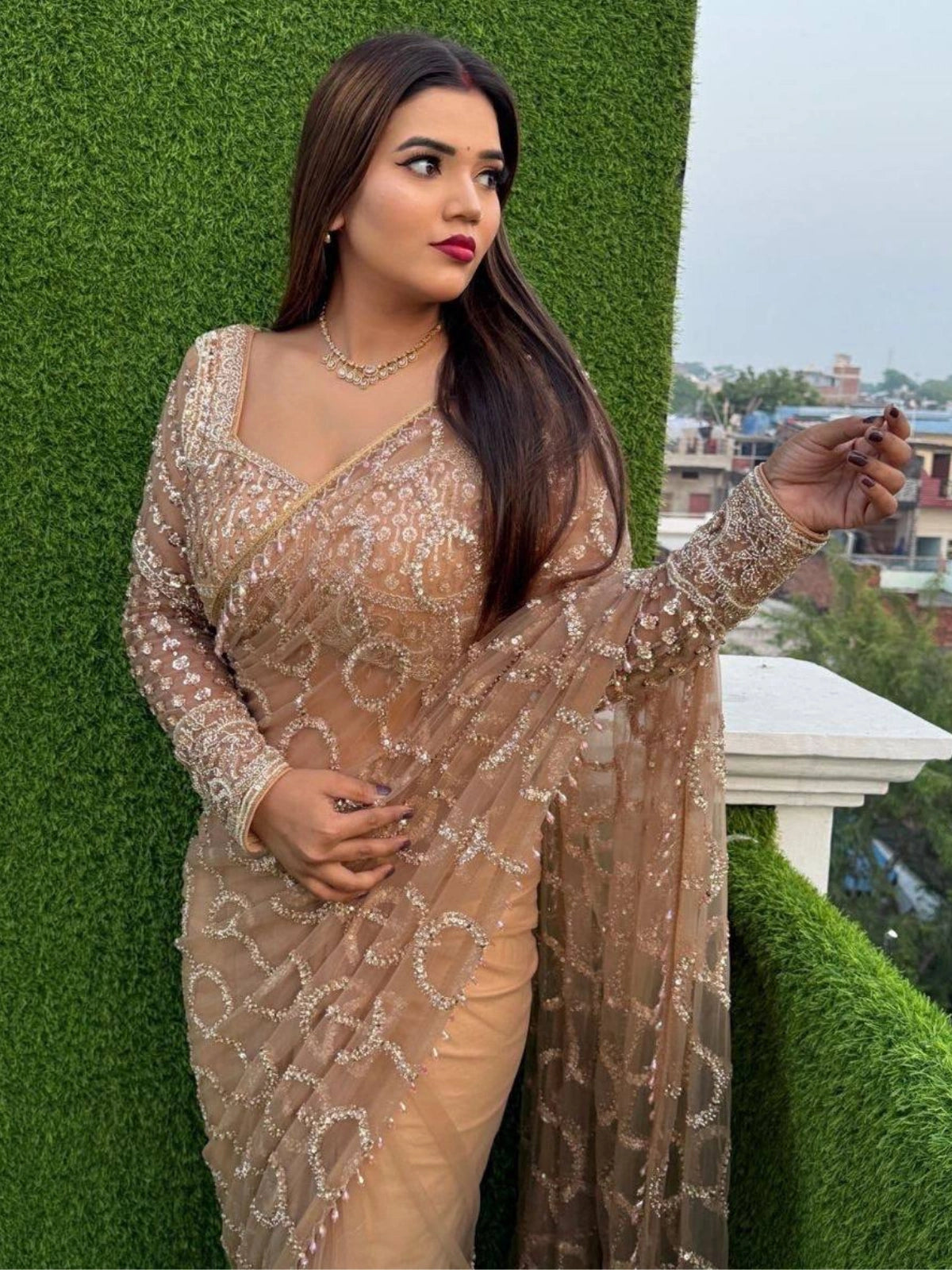 Bollywood-Inspired Designer Beige Soft Net Saree with Sequin & Bead Embroidery