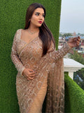Bollywood-Inspired Designer Beige Soft Net Saree with Sequin & Bead Embroidery
