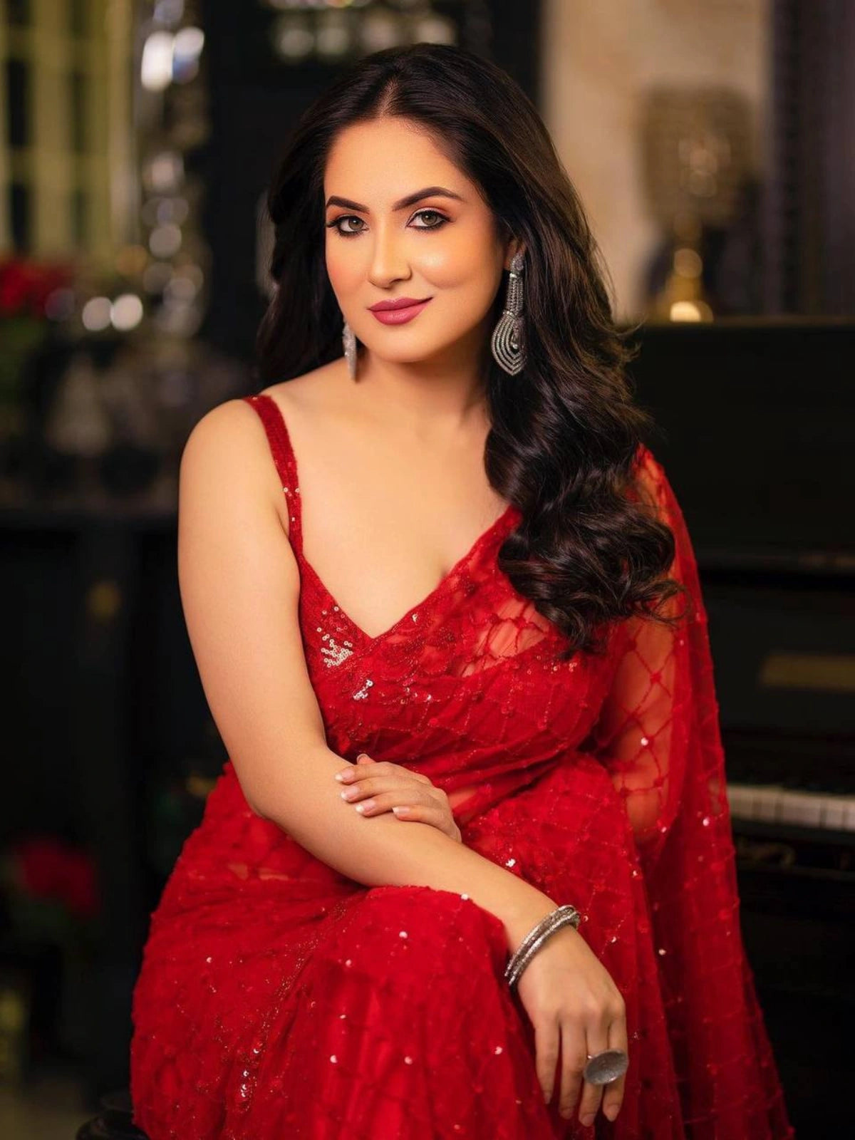 Bollywood-Inspired Red Net Saree with Sequins and Embroidery